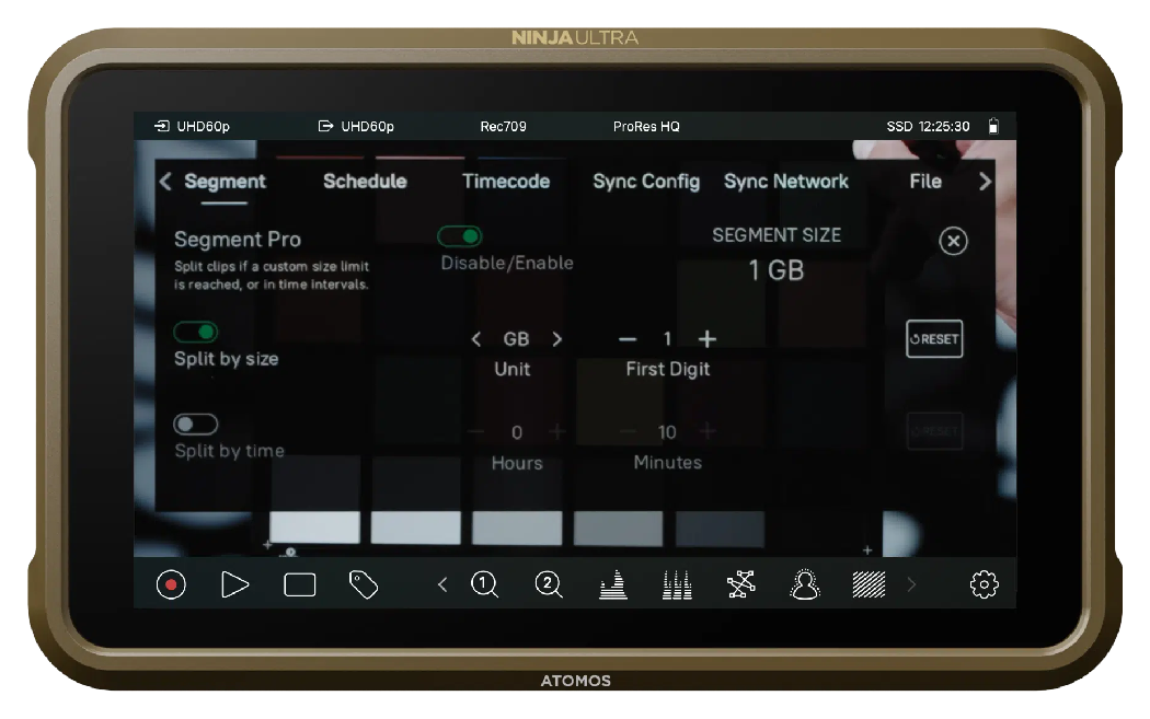 atomos ninja ultra showing segment pro interface